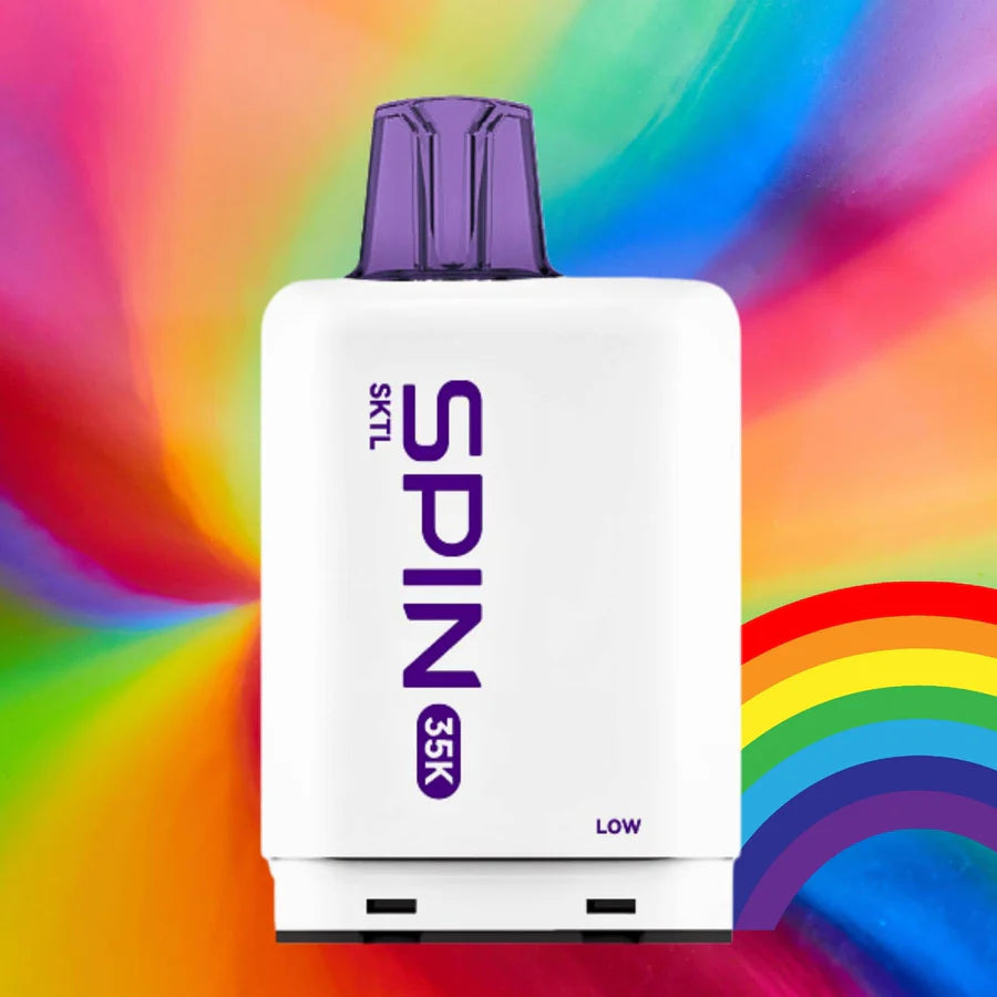 SPIN FIZZ X 35K - SKTL vape product with vibrant rainbow background, featuring the brand name and product details.