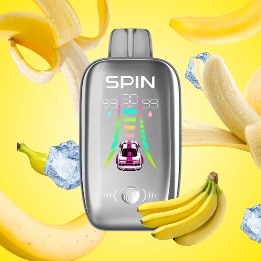 SPIN 40K Banana Ice vape device with a bright yellow background, bananas, and ice cubes surrounding it.