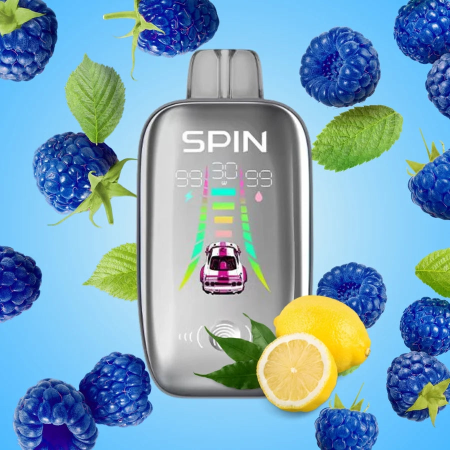 SPIN 40K - Blue Lemon product on a blue background surrounded by blueberries and lemon, showcasing a racing theme.