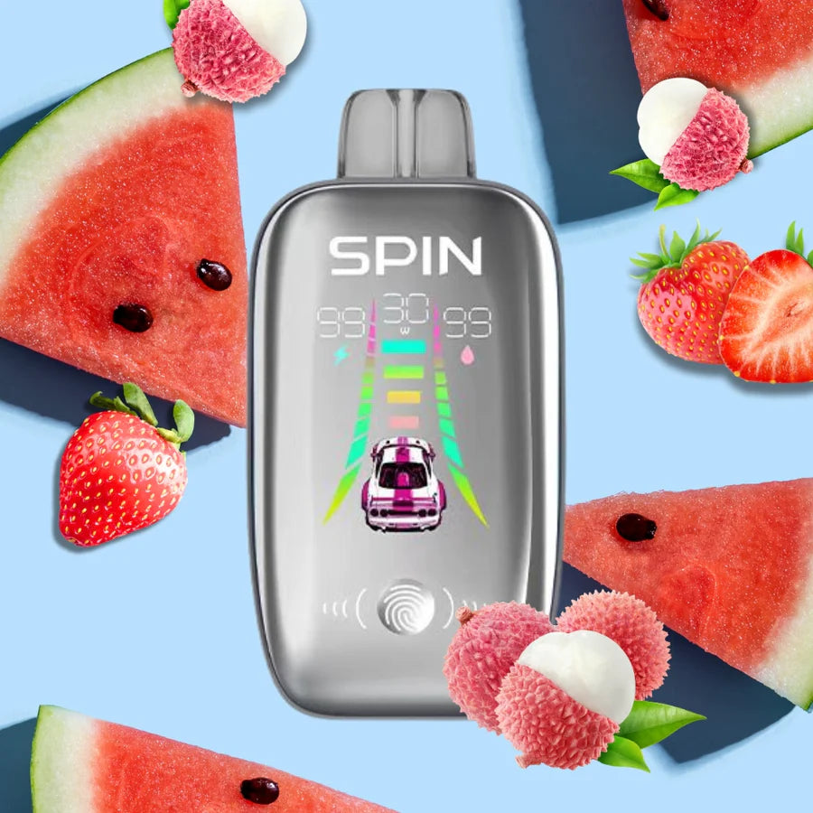 SPIN 40K vape featuring lychee, watermelon, and strawberry slices on a colorful backdrop.